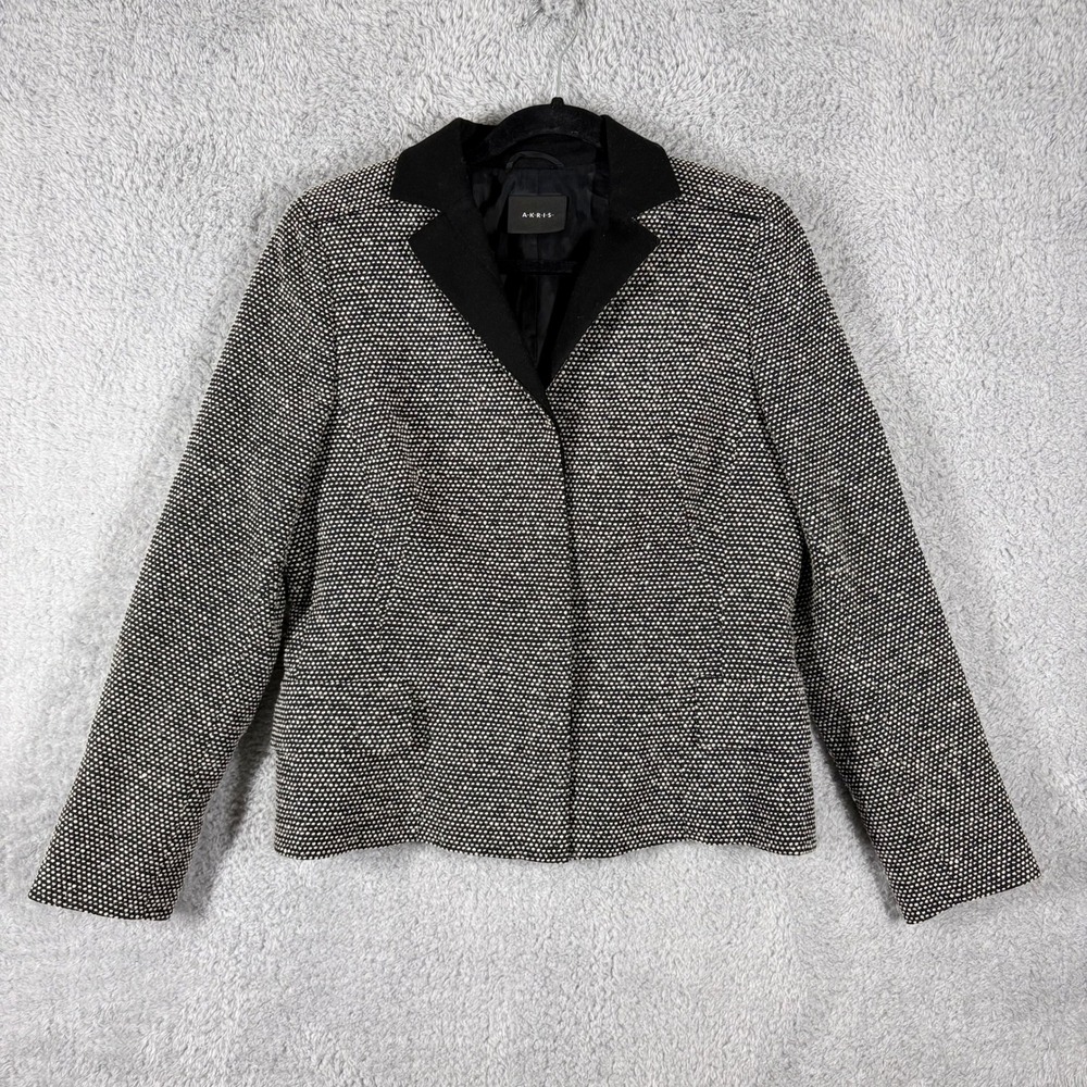 Akris Chunky Tweed Contrast Collar Blazer Jacket Size 10 Black White Flip Cuff